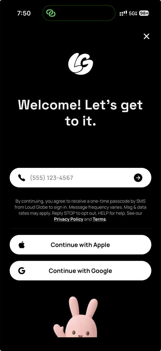 Loud Globe app sign-in screen showing the phone number field with the SMS consent disclosure underneath it